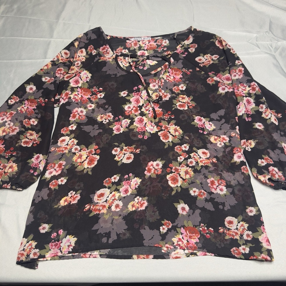 Black Floral Chiffon Blouse Medium 3/4 Peasant Sleeve Whimsigoth Sheer Romantic